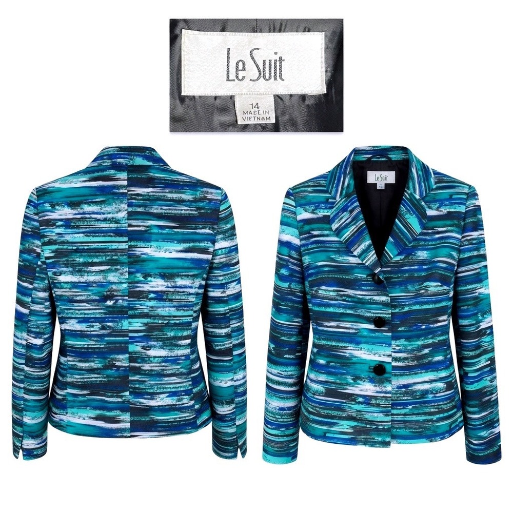 Le Suit Womens 14 Teal Blue Green Abstract Print Textured Blazer Modern Classic
